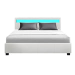 LED Bed Frame Queen Size Gas Lift Base With Storage White Leather