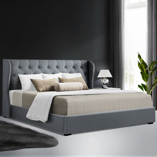  King Size Gas Lift Bed Frame Base With Storage Mattress Grey Fabric Wooden