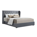 Queen Size Gas Lift Bed Frame Base With Storage Mattress Grey Fabric Wooden
