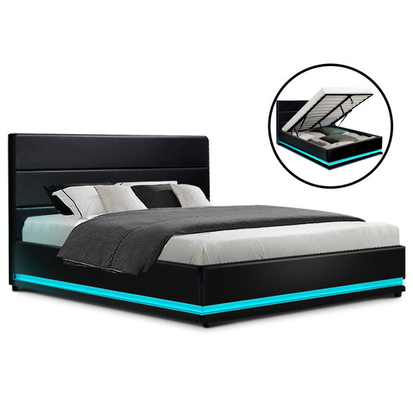  Bed Frame Double Size Led Gas Lift Black Lumi