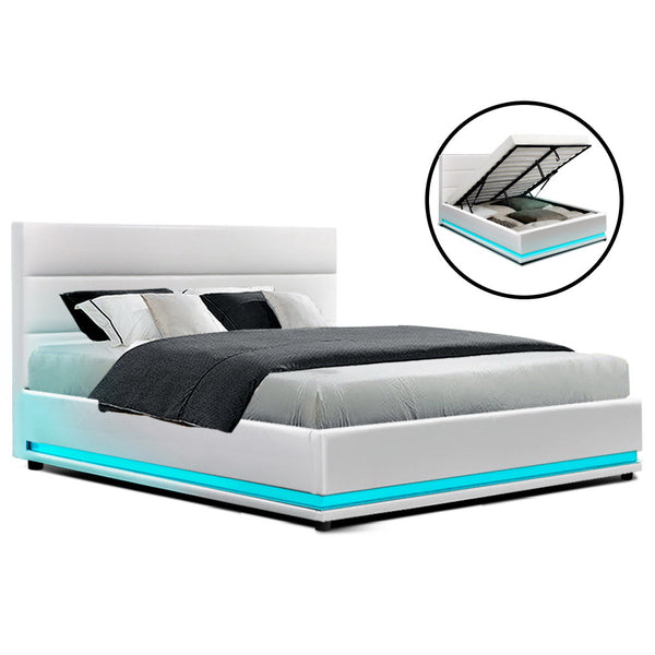  Bed Frame Double Size Led Gas Lift White Lumi