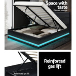 RGB LED Bed Frame Queen Size Gas Lift Base Storage Black Leather LUMI