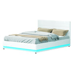 RGB LED Bed Frame Queen Size Gas Lift Base Storage White Leather LUMI