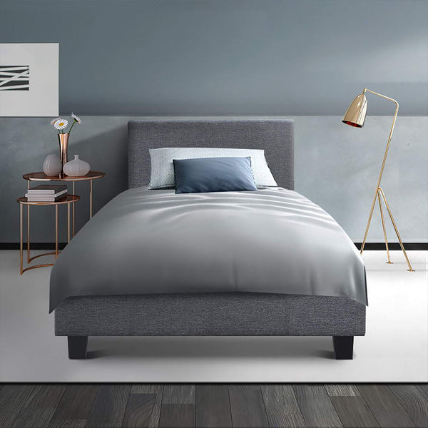  Single Size Bed Frame Base Mattress Platform Fabric Wooden Grey NEO