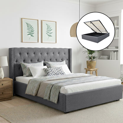 King Bed Frame Storage Tufted Headboard Gas Lift Base Grey Gas Lift