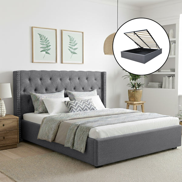  King Bed Frame Storage Tufted Headboard Gas Lift Base Grey Gas Lift