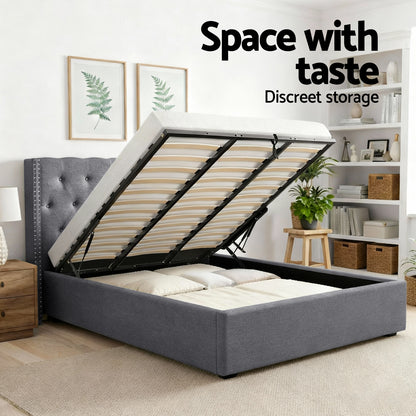 King Bed Frame Storage Tufted Headboard Gas Lift Base Grey Gas Lift