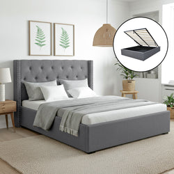 Queen Bed Frame Storage Tufted Headboard Gas Lift Base Grey Gas