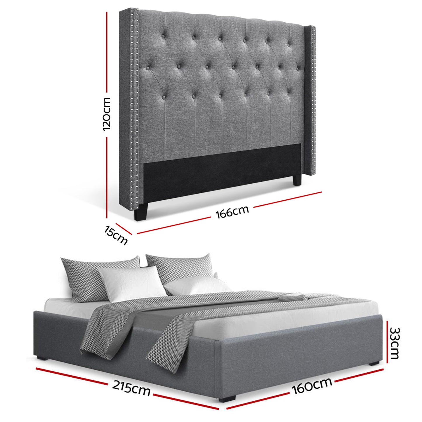 Queen Bed Frame Storage Tufted Headboard Gas Lift Base Grey Gas