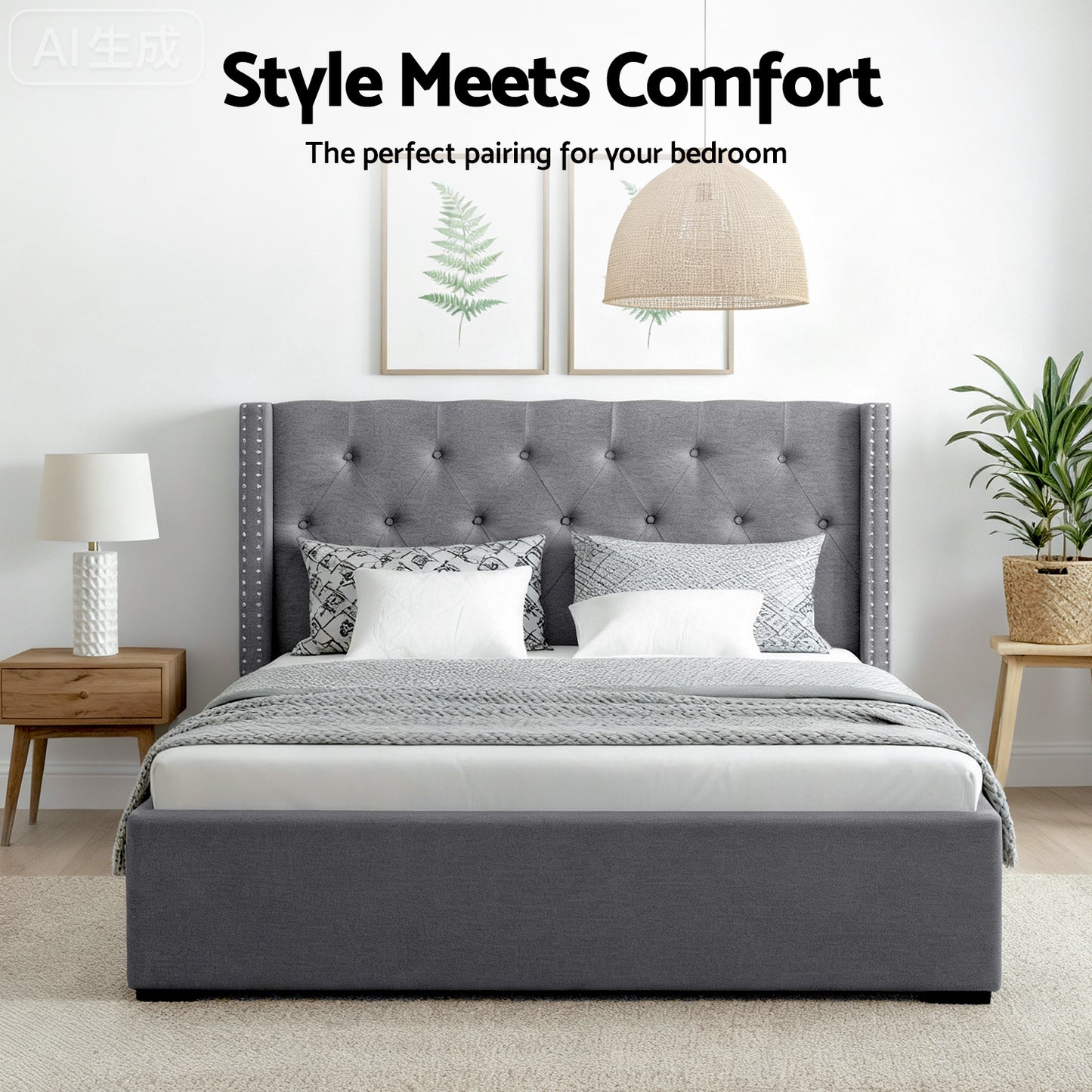 Queen Bed Frame Storage Tufted Headboard Gas Lift Base Grey Gas