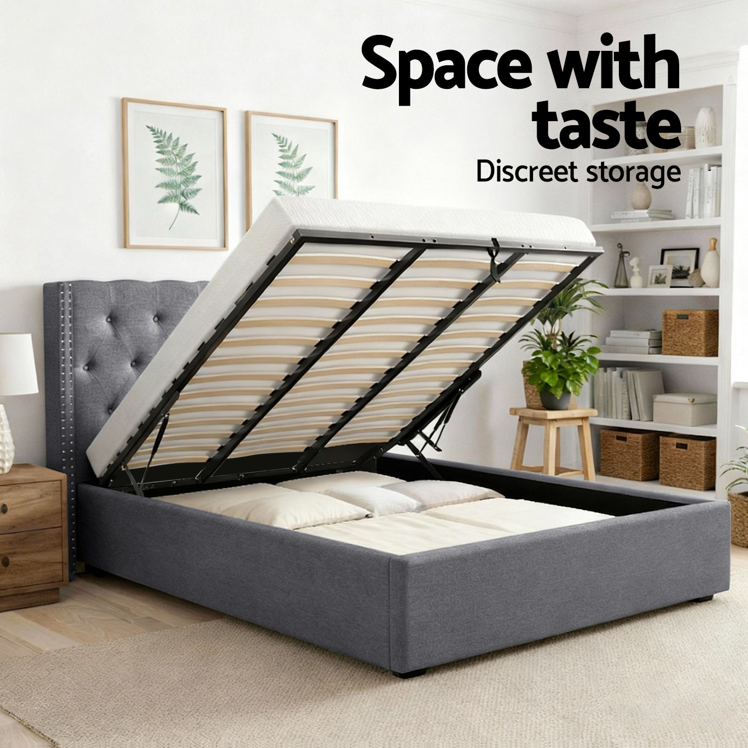 Queen Bed Frame Storage Tufted Headboard Gas Lift Base Grey Gas