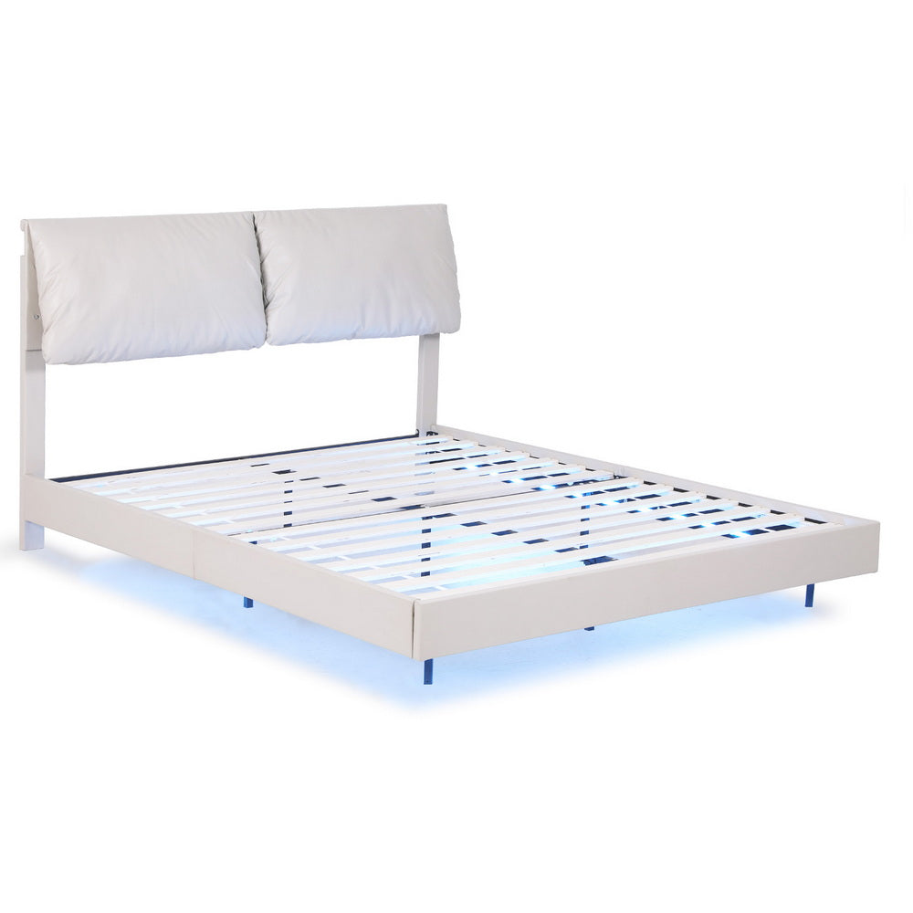 Queen Bed Frame Rgb Led Floating Beds Adjustable Headboard Beige