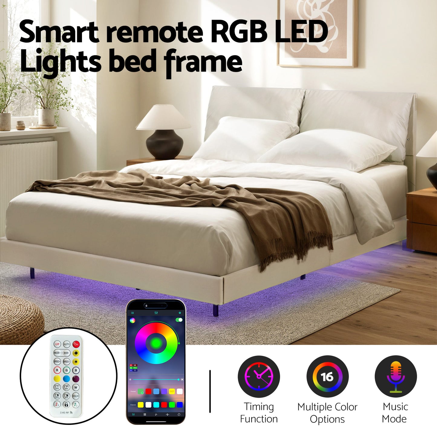 Queen Bed Frame Rgb Led Floating Beds Adjustable Headboard Beige