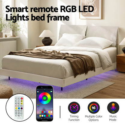 Queen Bed Frame Rgb Led Floating Beds Adjustable Headboard Beige
