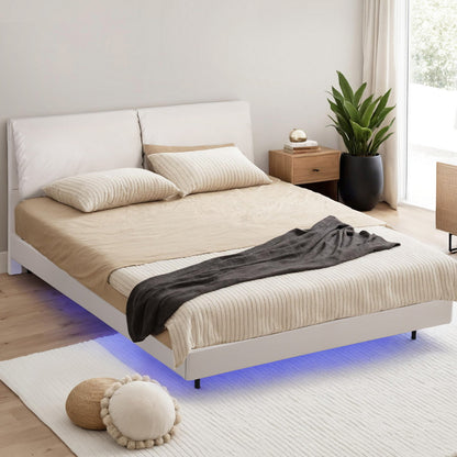 Queen Bed Frame Rgb Led Floating Beds Adjustable Headboard Beige