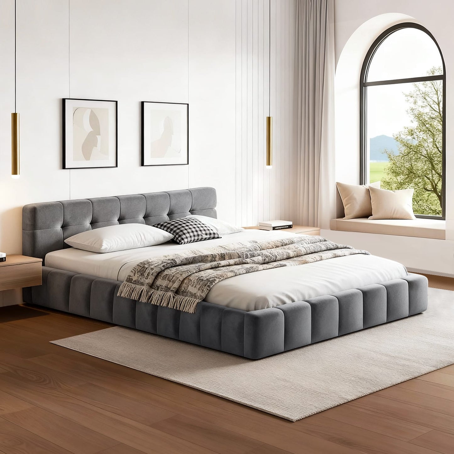 Double Bed Frame Velvet Headboard 137x190cm