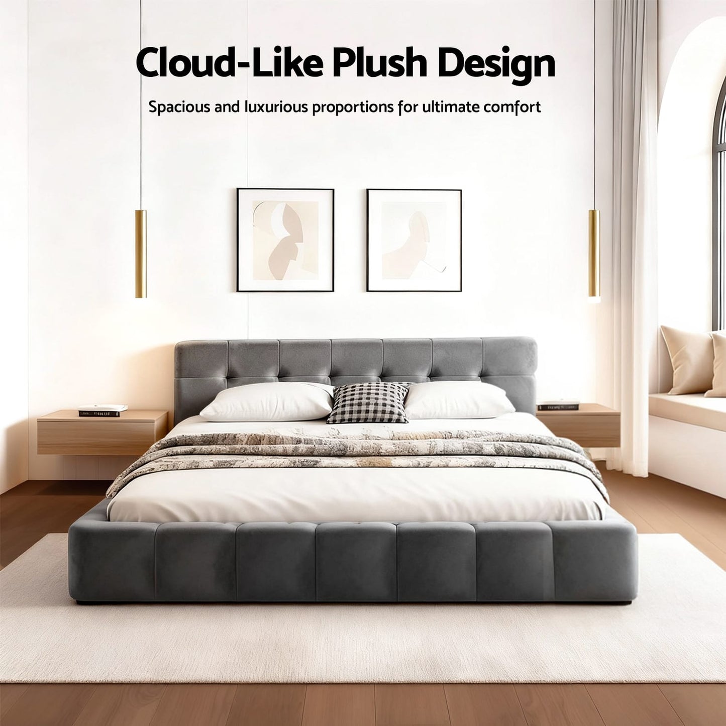 Double Bed Frame Velvet Headboard 137x190cm