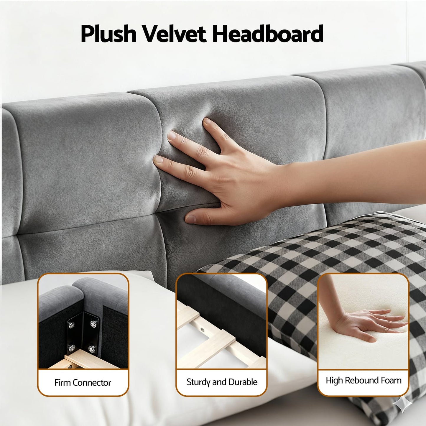 Double Bed Frame Velvet Headboard 137x190cm
