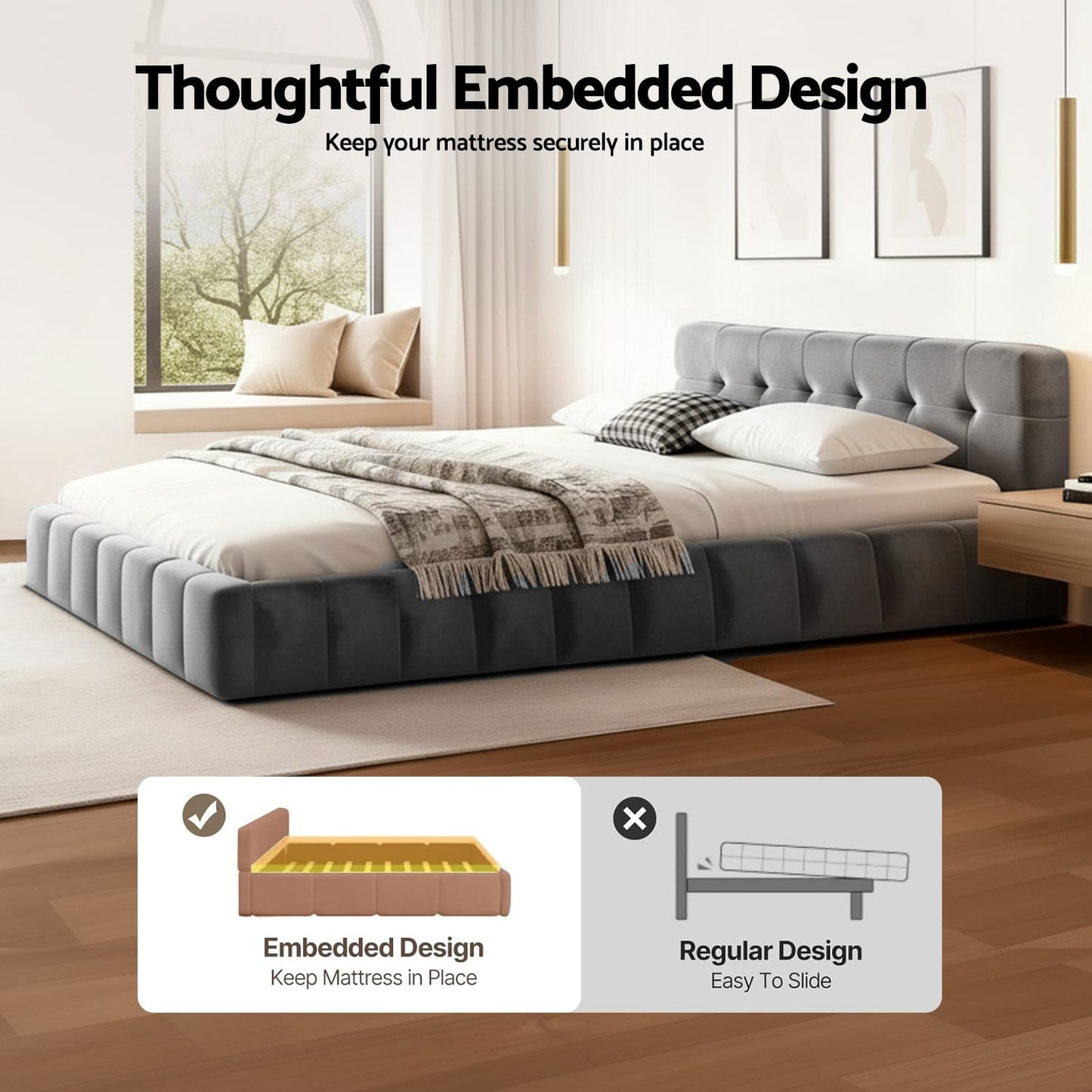 Double Bed Frame Velvet Headboard 137x190cm