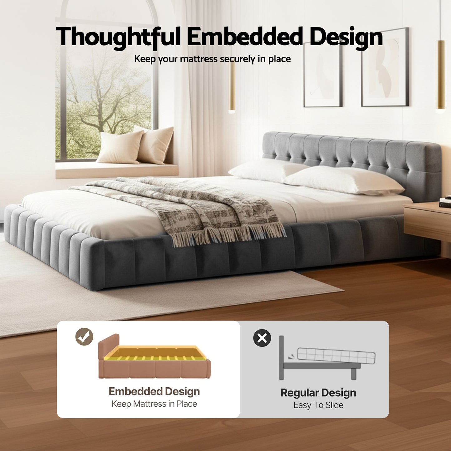 King Size Bed Frame Plush Soft Headboard Velvet Platform Base For