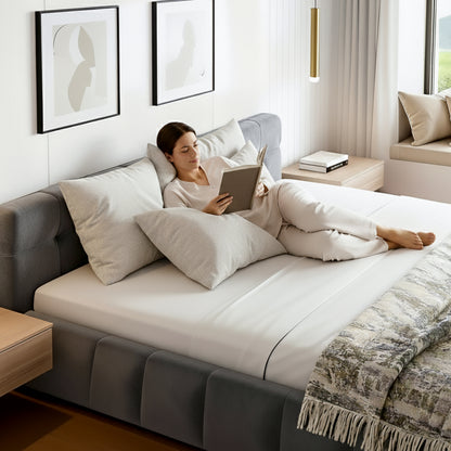 King Size Bed Frame Plush Soft Headboard Velvet Platform Base For