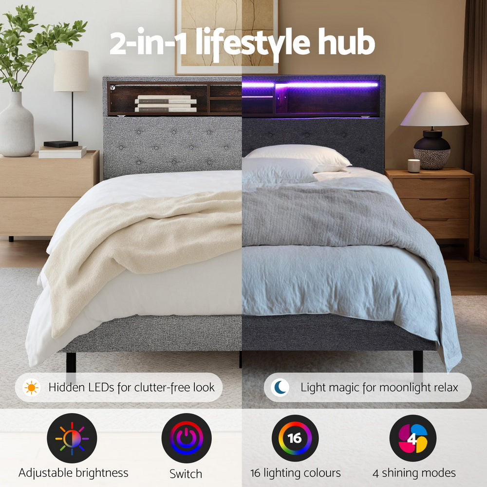 Bed Frame Double Size Led Mattress Base Platform With Storage Shelf