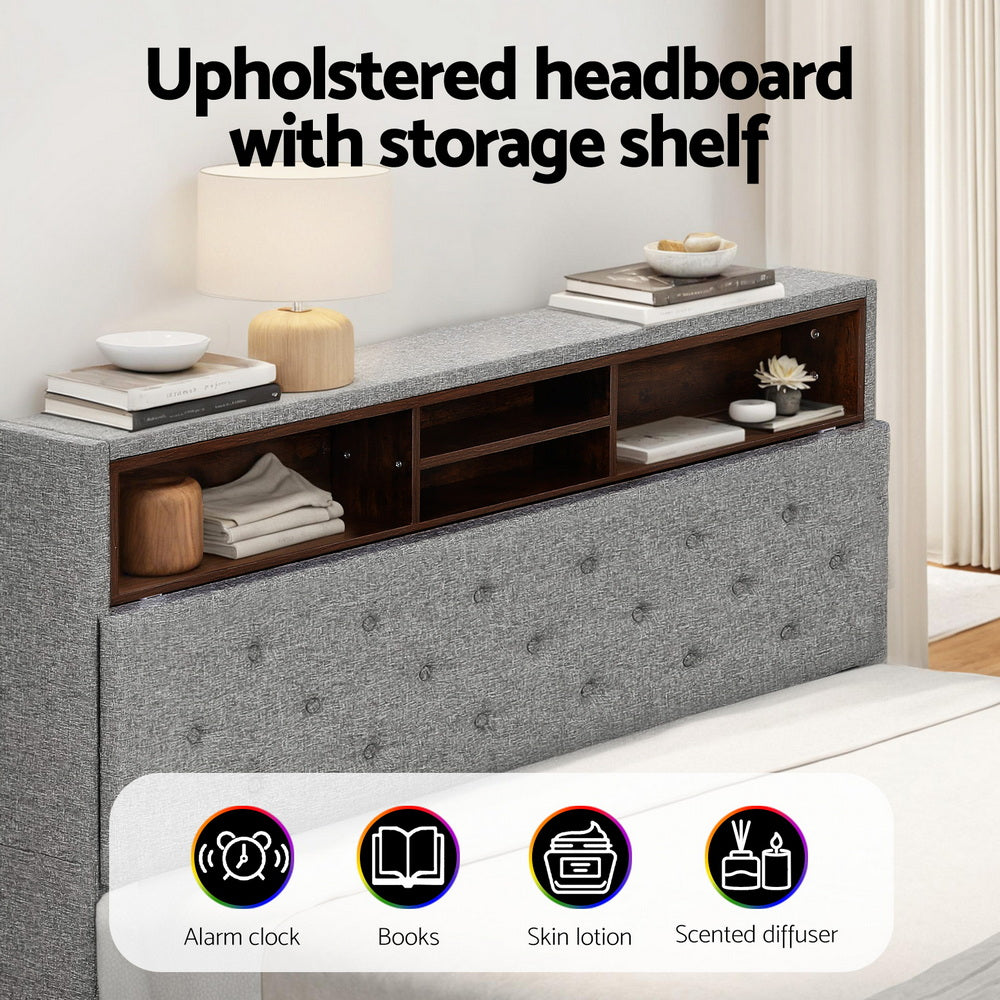Bed Frame Double Size Led Mattress Base Platform With Storage Shelf