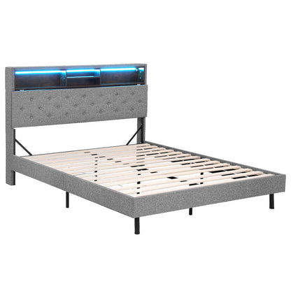 Bed Frame Queen Size Led Mattress Base Platform With Storage Shelf