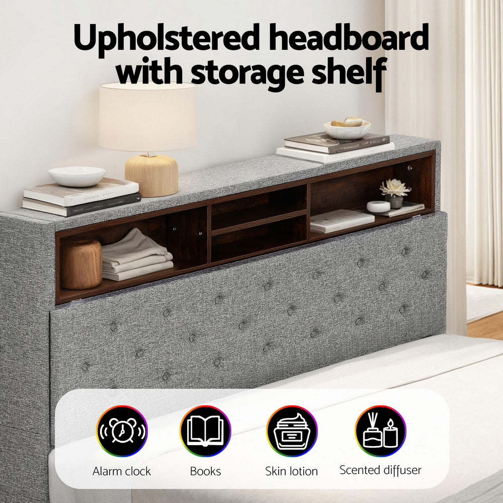 Bed Frame Queen Size Led Mattress Base Platform With Storage Shelf