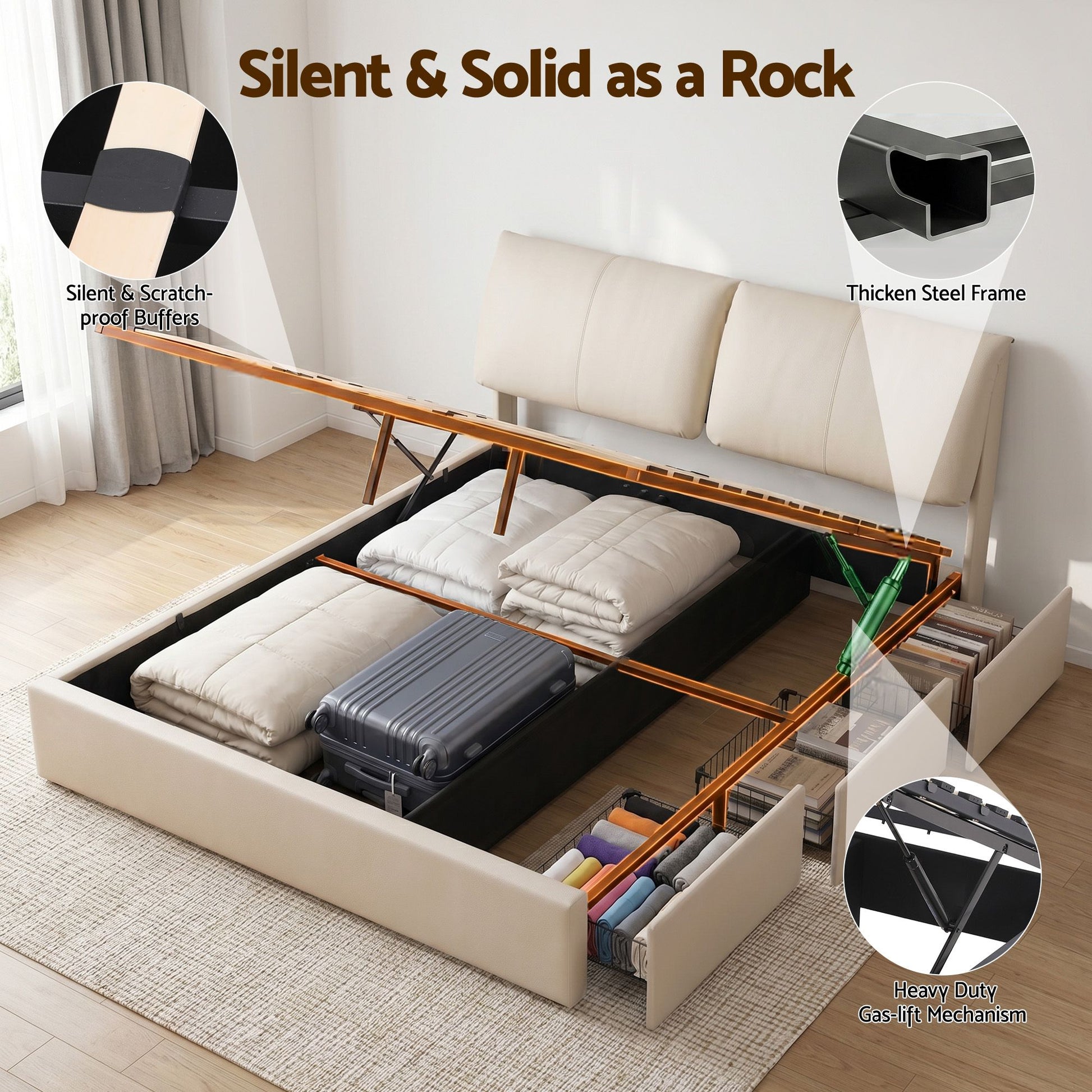 King Bed Frame Gas Lift Storage Drawers | HomeAndLiving - 9