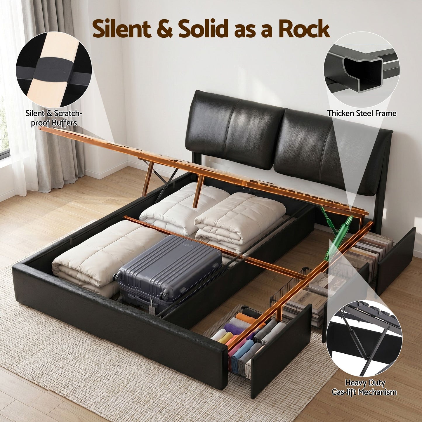 King Bed Frame Gas Lift Storage Drawers | HomeAndLiving - 9