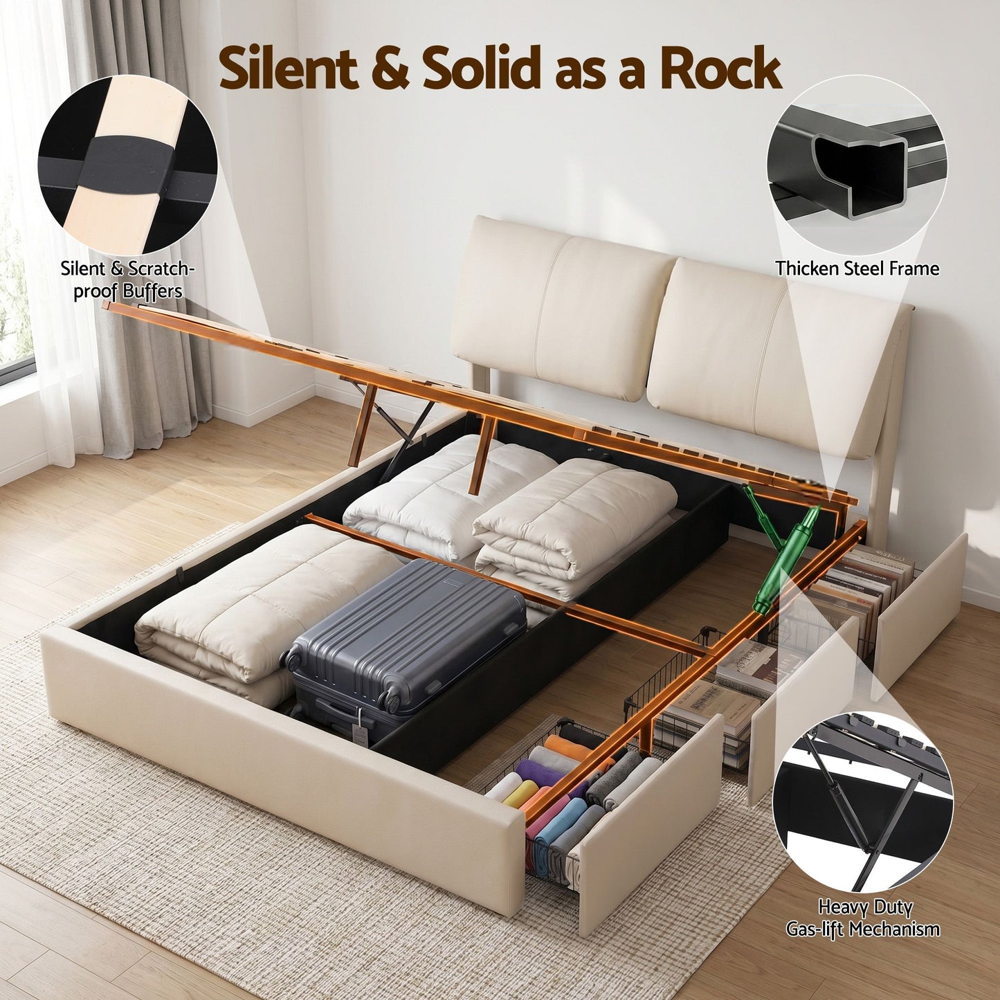 Queen Bed Frame Gas Lift Storage Drawers | HomeAndLiving - 9