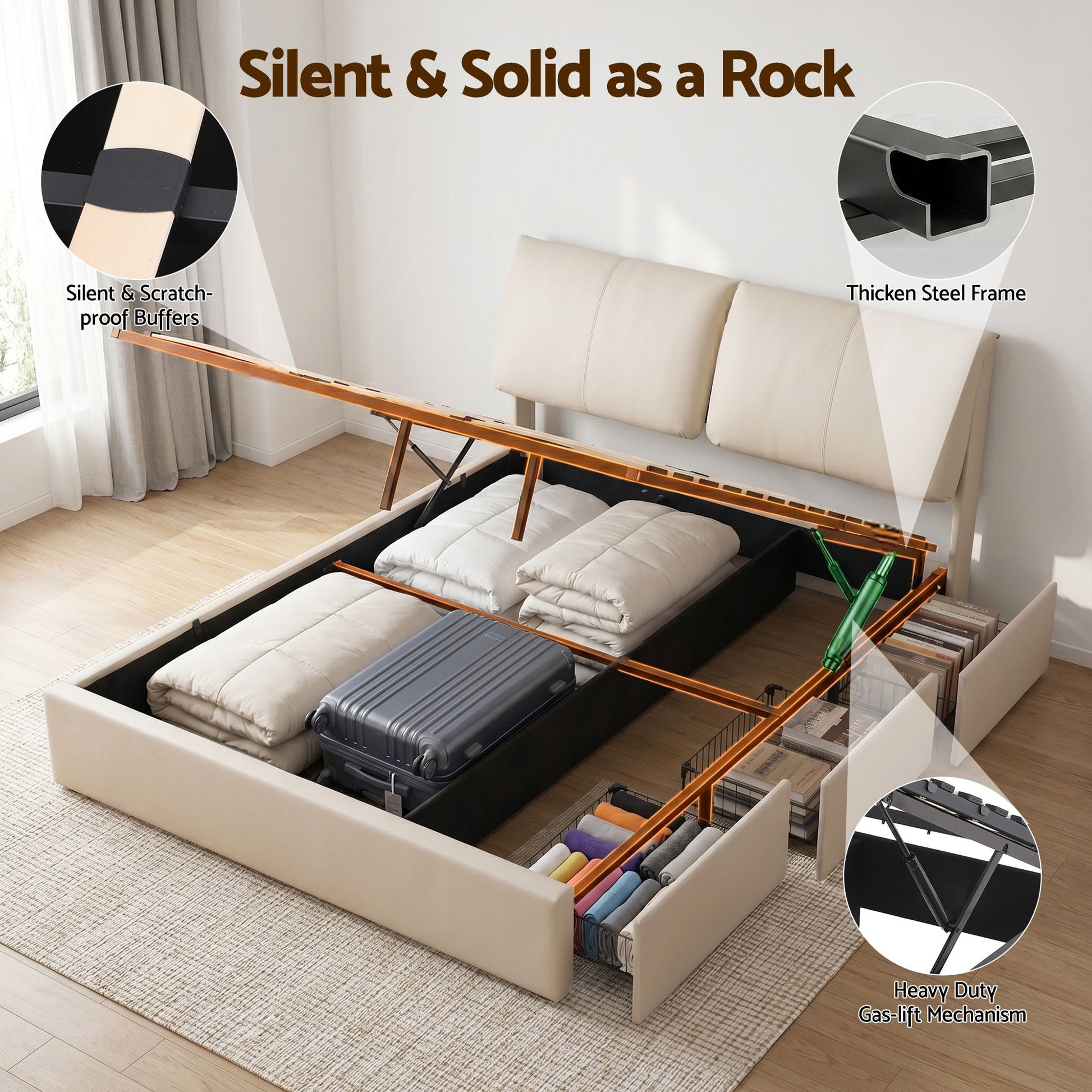 Queen Bed Frame Gas Lift Storage Drawers | HomeAndLiving - 9