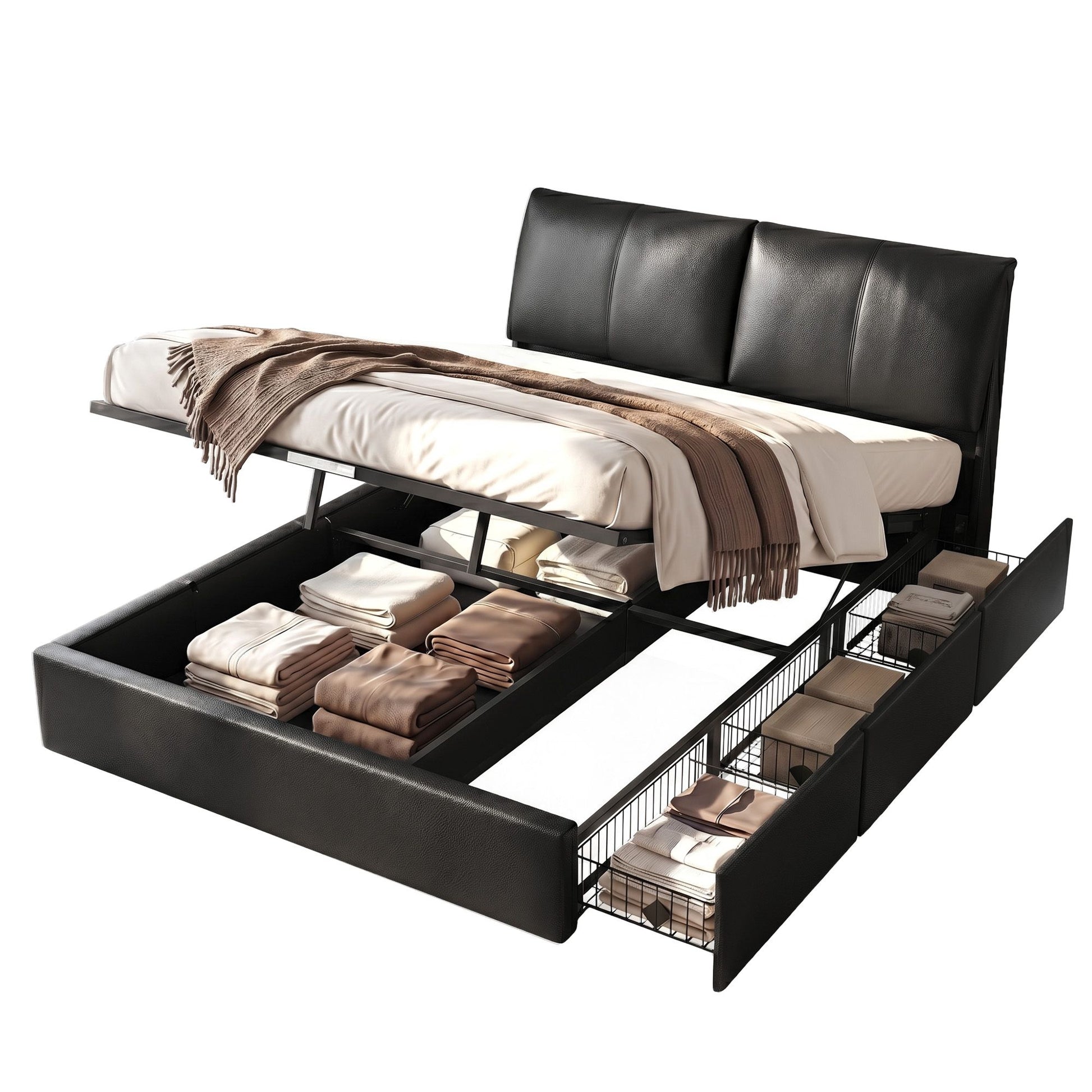 Queen Bed Frame Gas Lift Storage Drawers Black | HomeAndLiving - 2