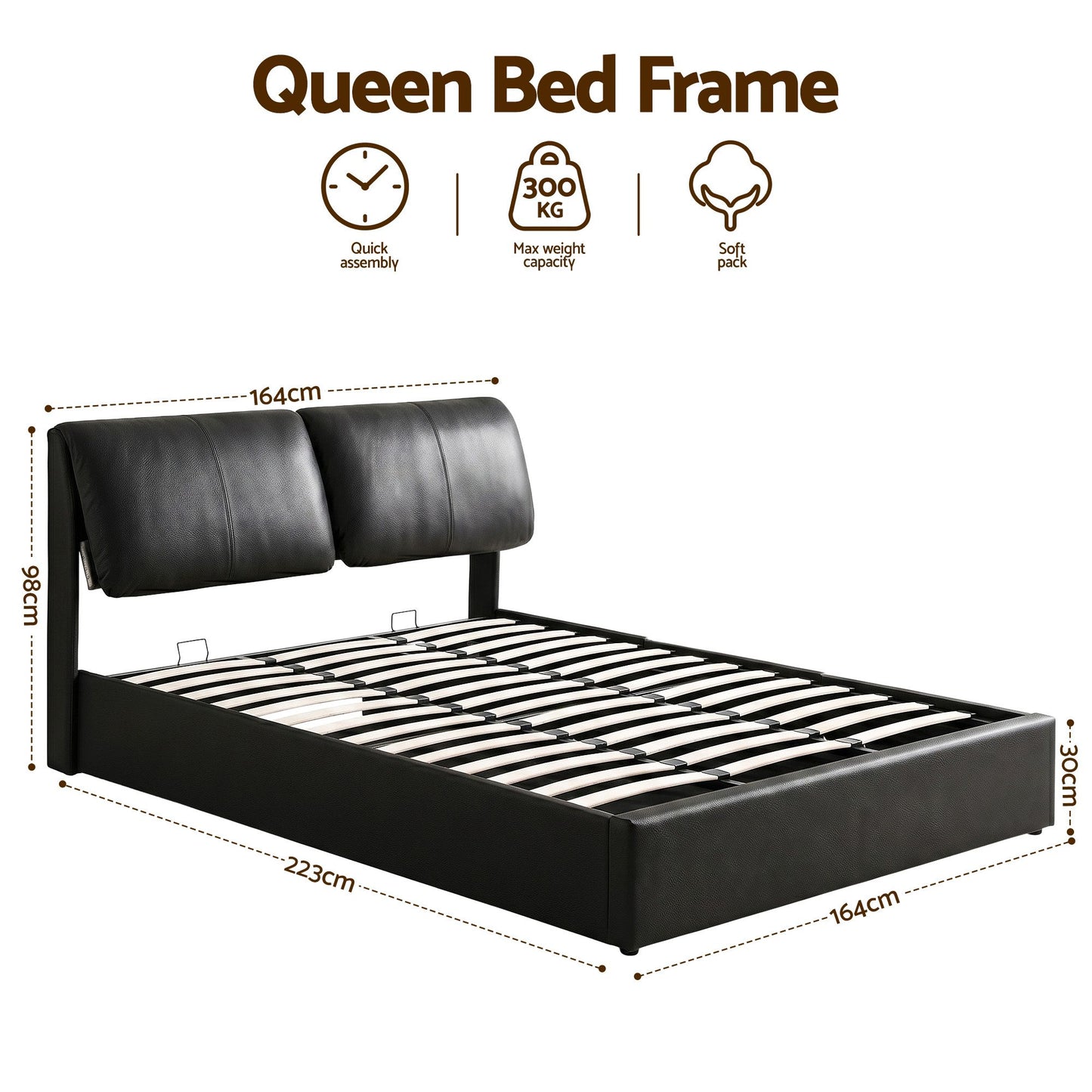 Queen Bed Frame Gas Lift Storage Drawers Black | HomeAndLiving - 3