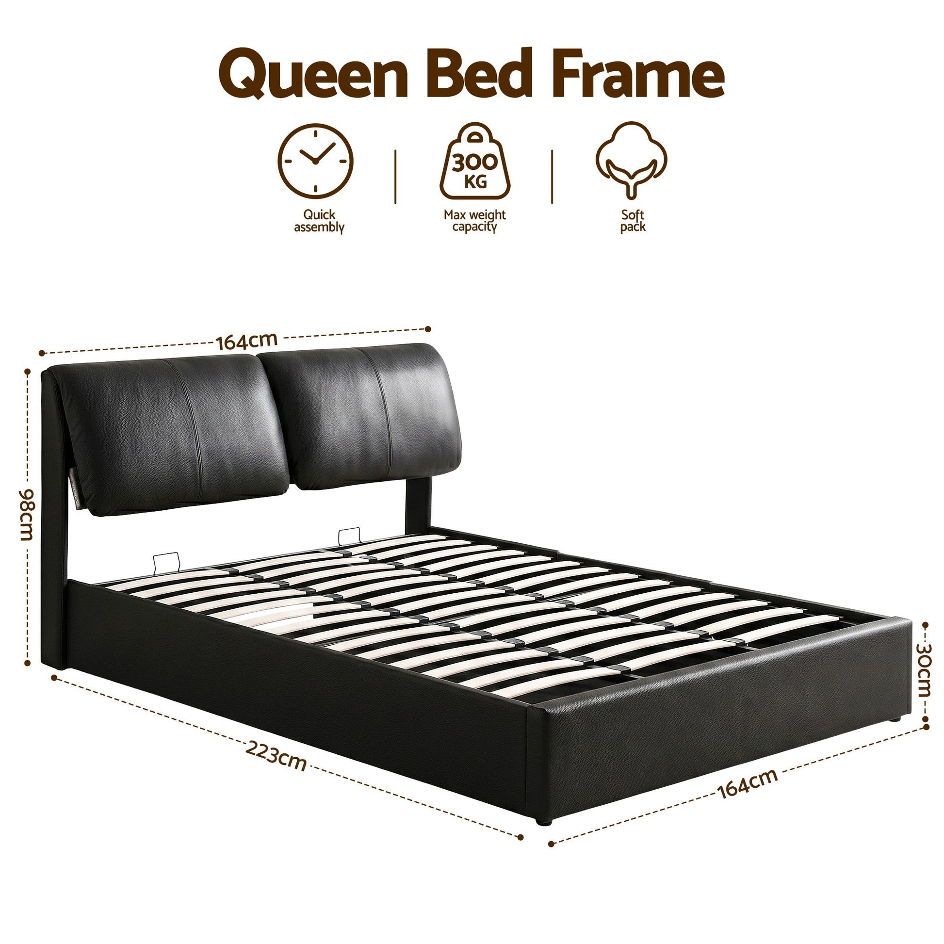 Queen Bed Frame Gas Lift Storage Drawers Black | HomeAndLiving - 3