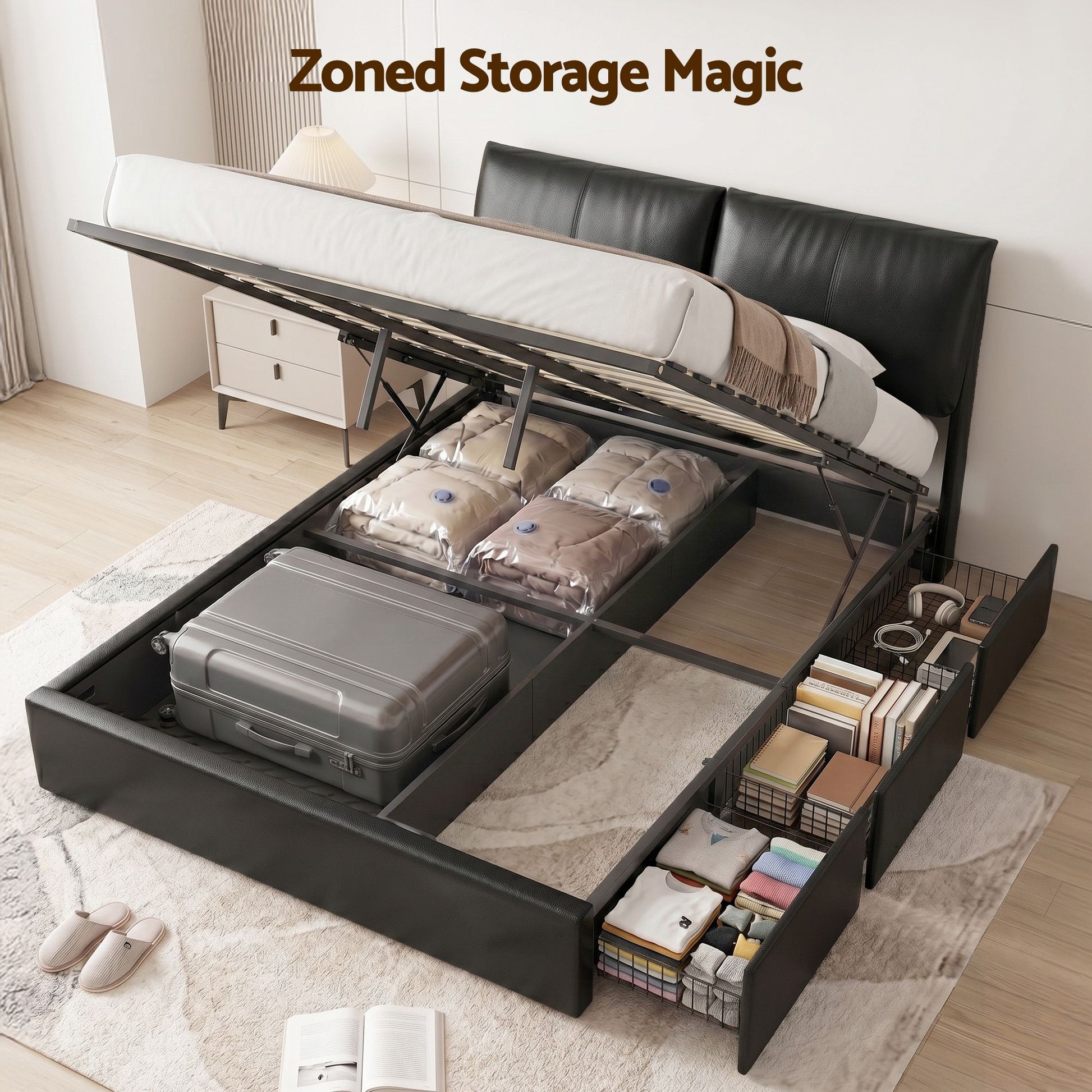 Queen Bed Frame Gas Lift Storage Drawers Black | HomeAndLiving - 5