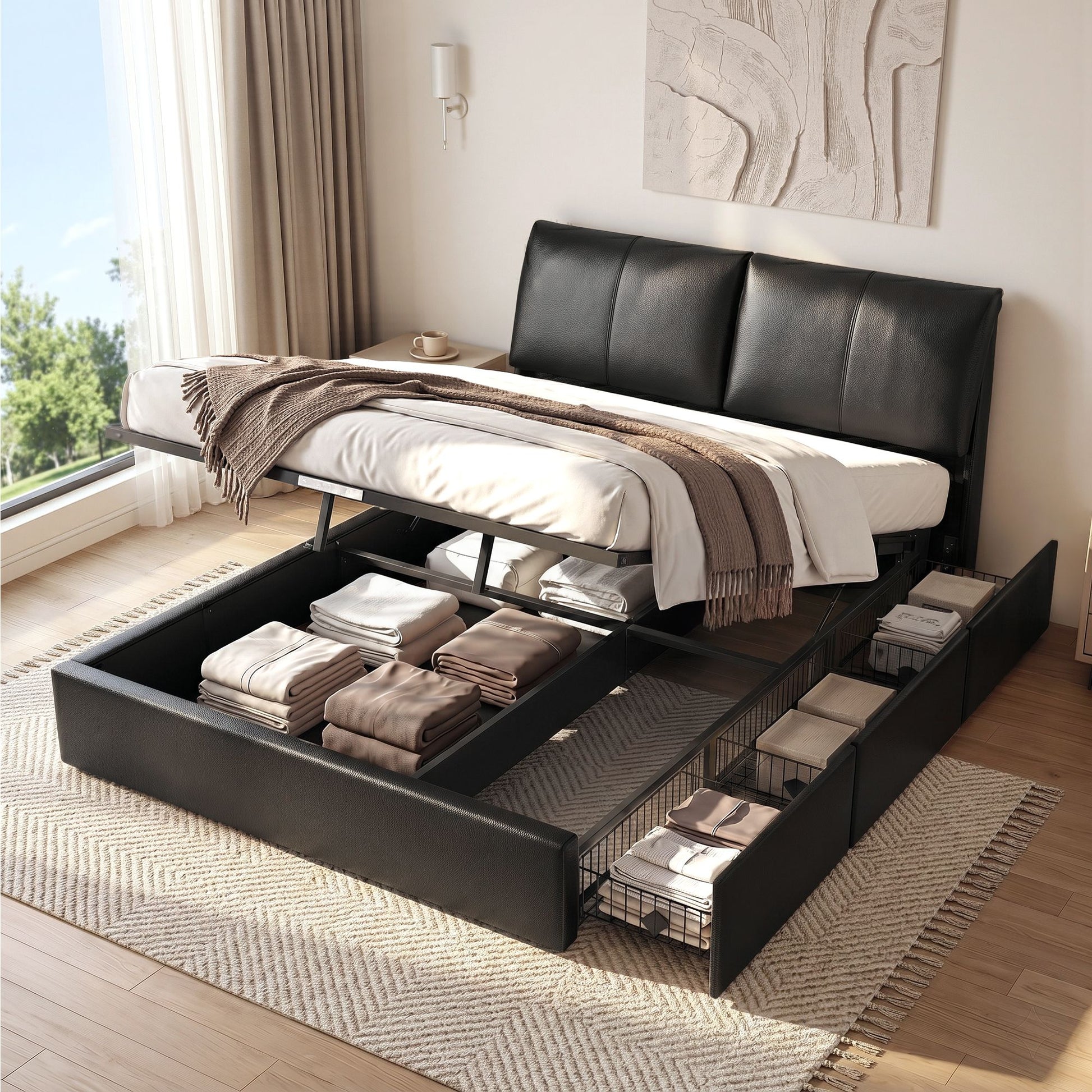 Queen Bed Frame Gas Lift Storage Drawers Black | HomeAndLiving