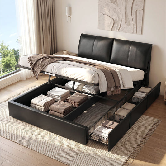 Queen Bed Frame Gas Lift Storage Drawers Black | HomeAndLivi