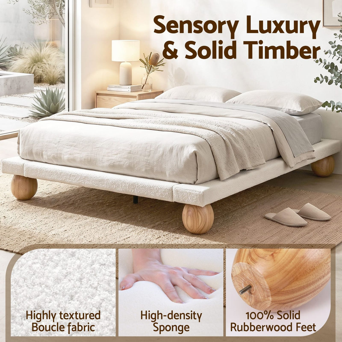 Queen Bed Frame Boucle Upholstery 205x156x29cm