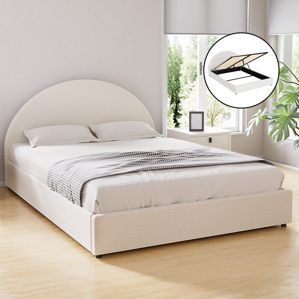 Bed Frame Gas Lift Strorage Beds Base Platform Boucle Fabric Queen