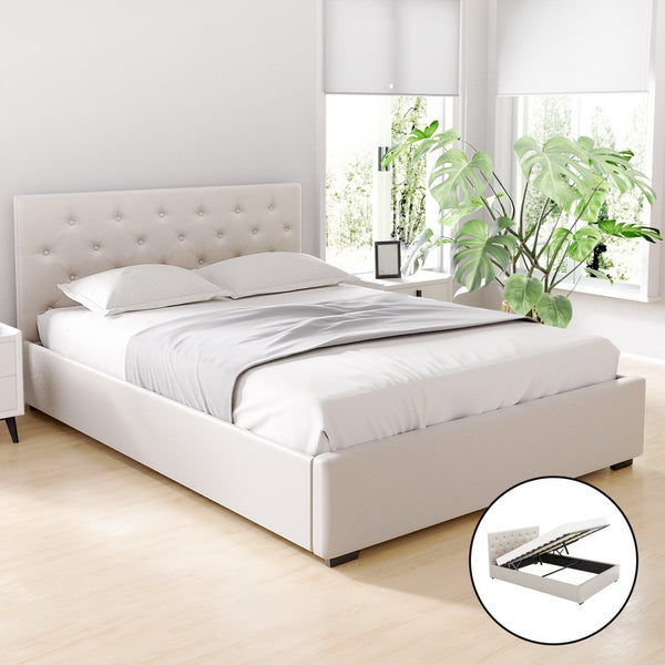  Bed Frame Double Size Gas Lift Beige Vila Gas Lift Storage Fabric