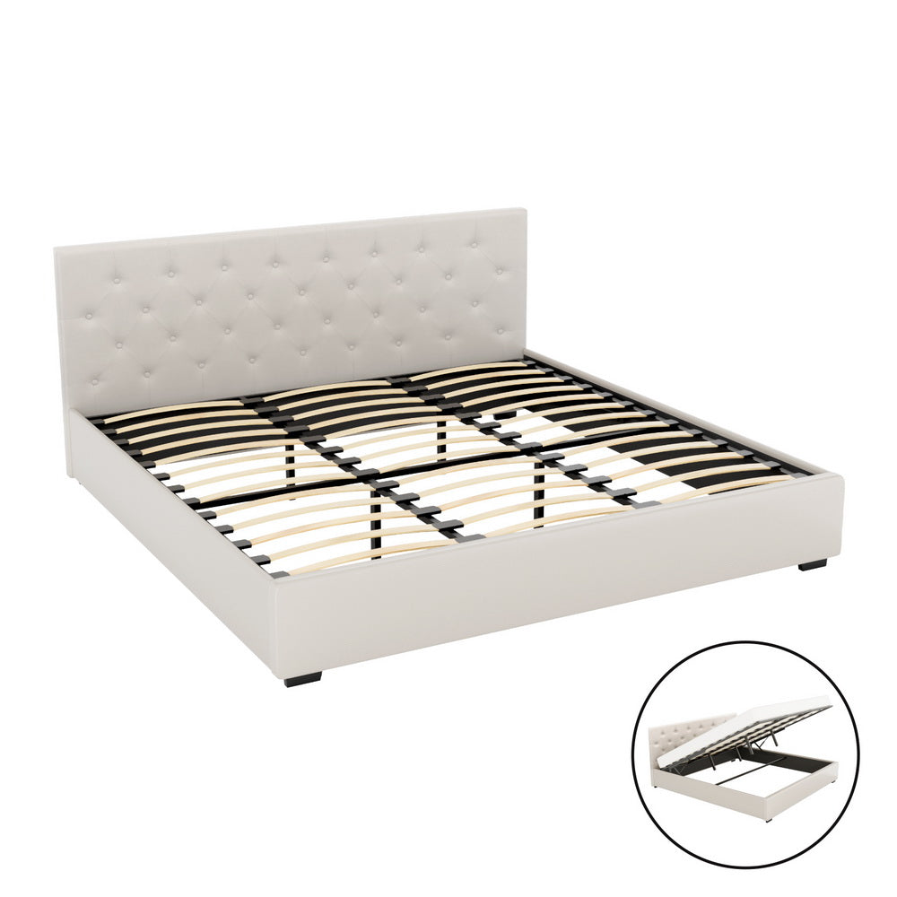Bed Frame King Size Gas Lift Beige Vila Gas Lift Storage Fabric