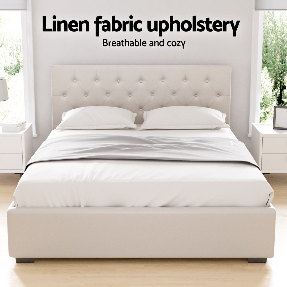 Bed Frame Queen Size Gas Lift Beige Vila Gas Lift Storage Fabric