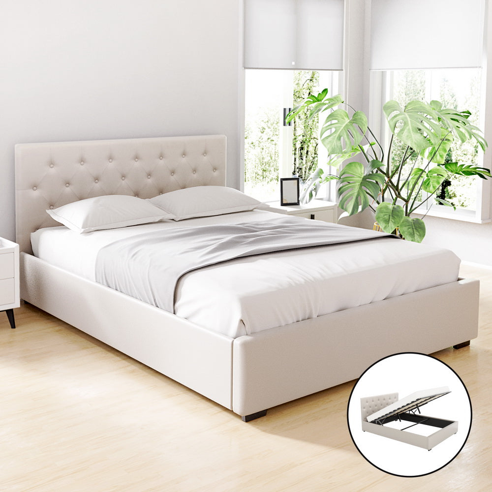 Bed Frame Queen Size Gas Lift Beige Vila Gas Lift Storage Fabric