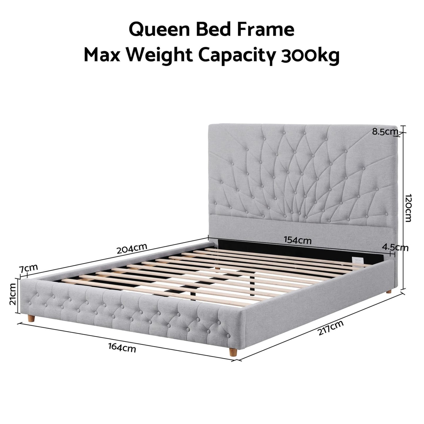Queen Bed Frame Grey Tufted