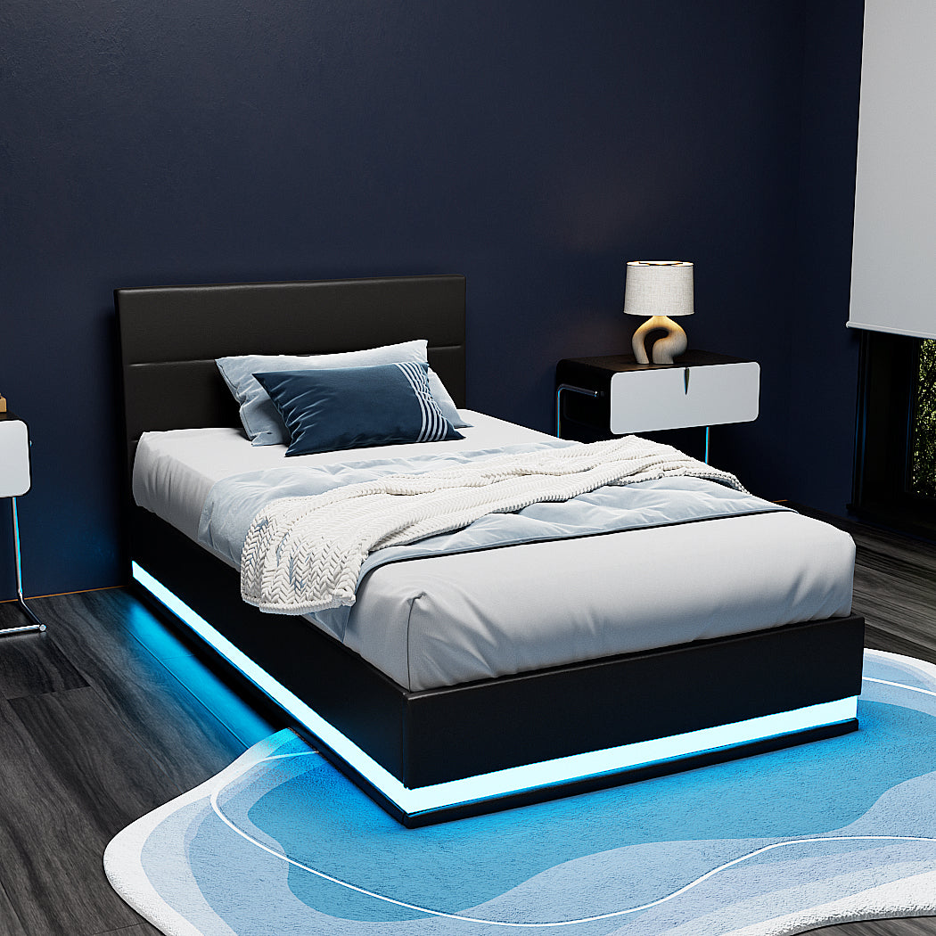 Bed Frame King Single Size Led Gas Lift Black Lumi Gas Lift