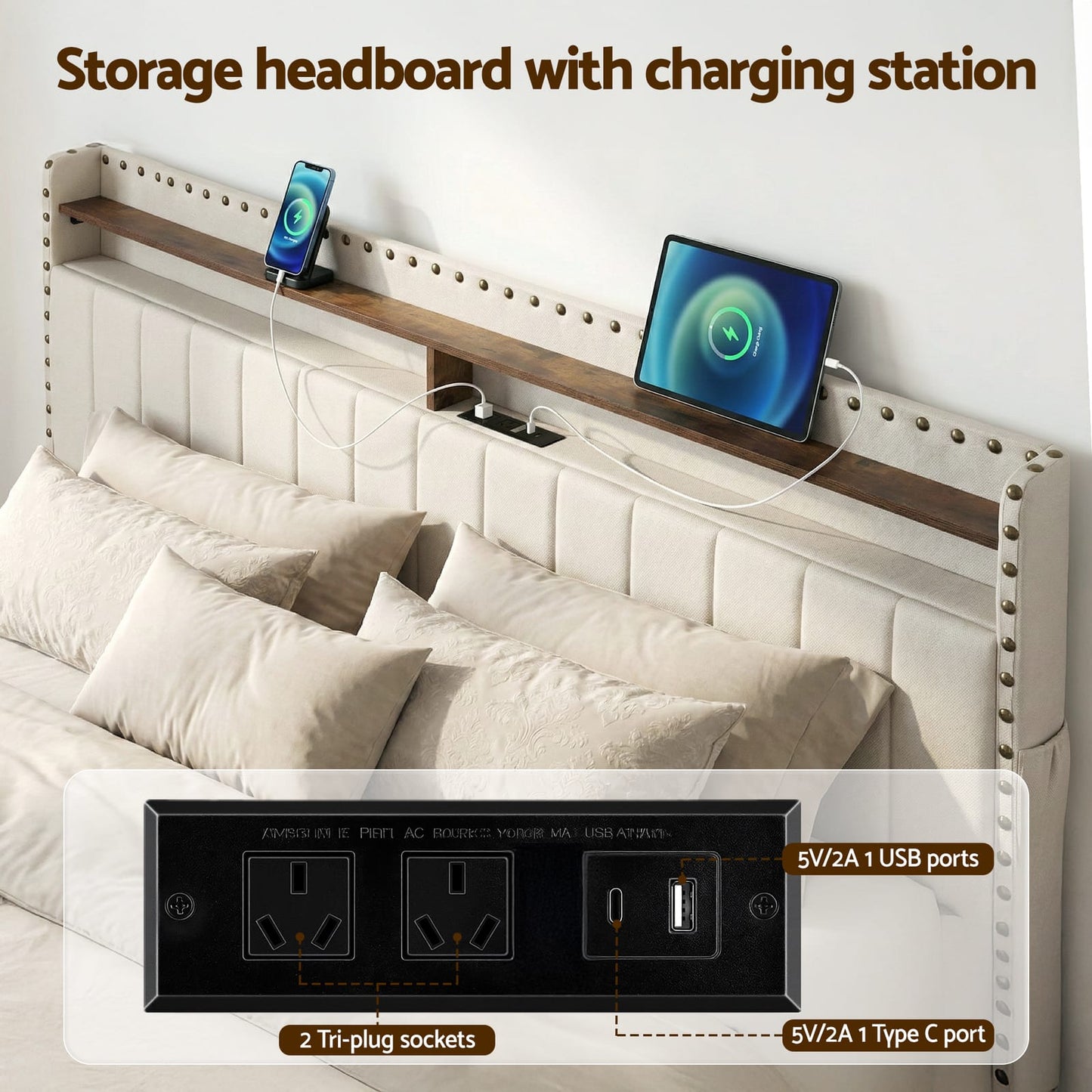 King Bed Frame Shelf Storage 2x3cm