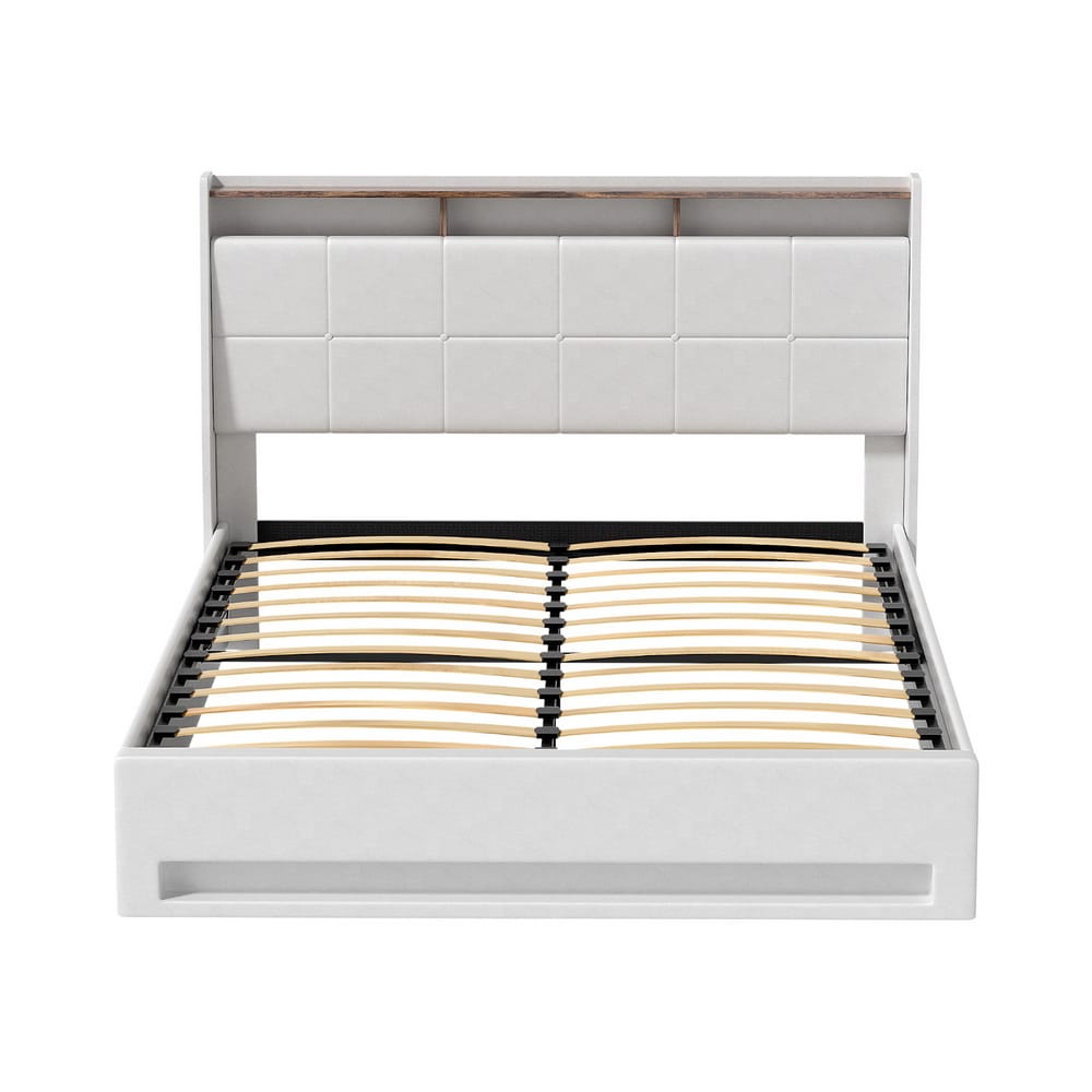 Double Bed Frame White Leather Storage 202x149x113cm
