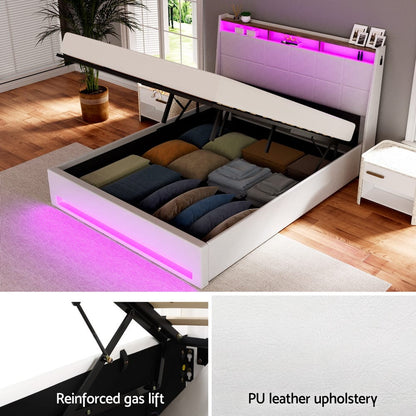 Double Bed Frame White Leather Storage 202x149x113cm